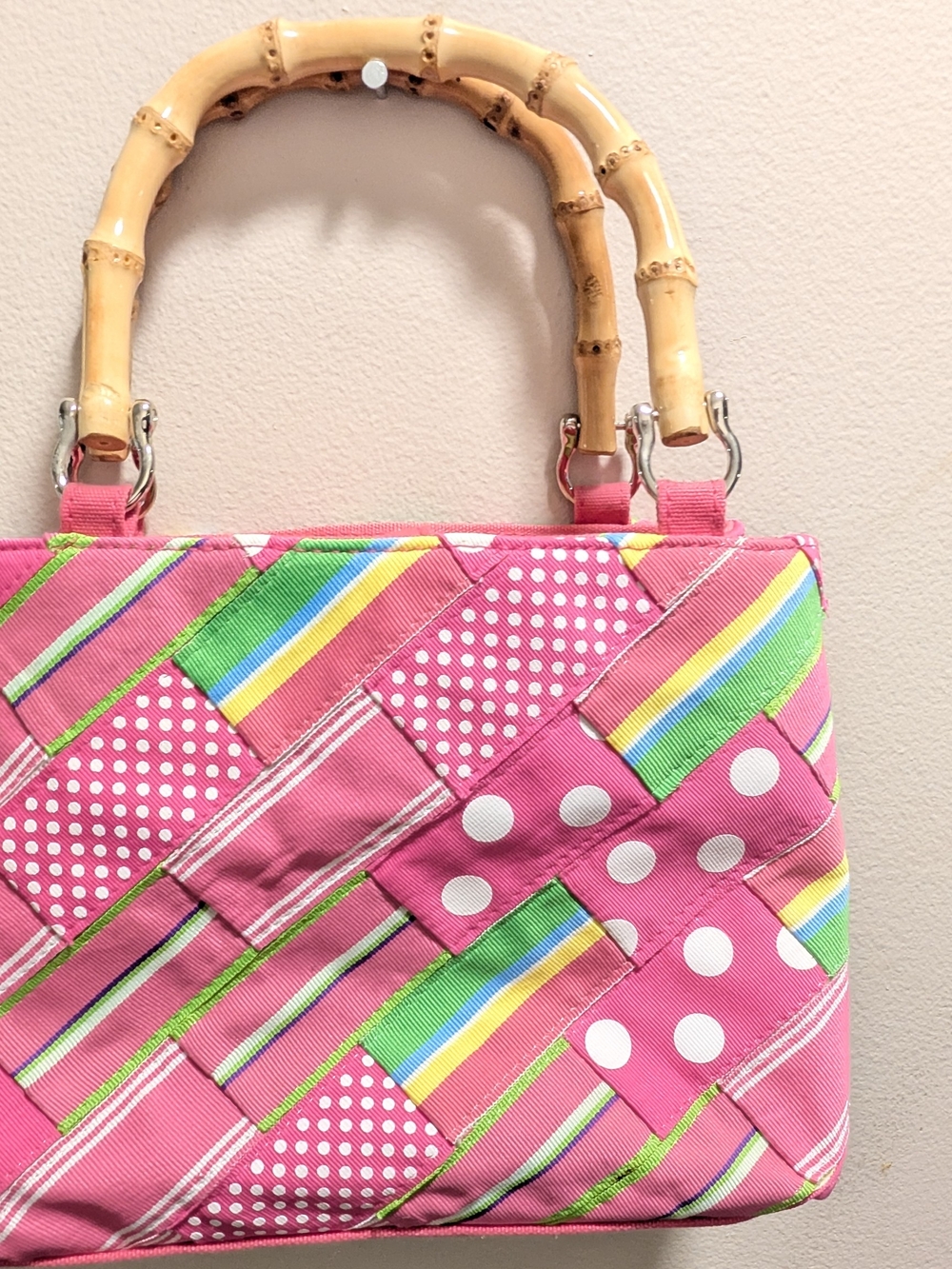 Women's Pink Polka Dot & Stripe Bamboo-Handle Handbag